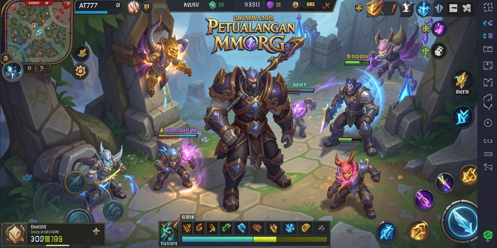 Screenshot utama AT777 menunjukkan aksi pertempuran seru dalam MMORPG.