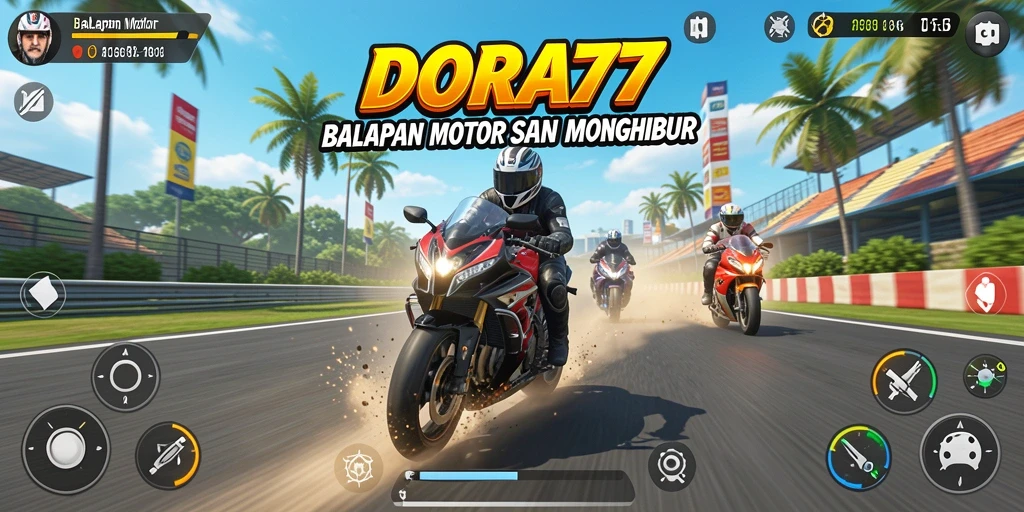 Screenshot utama DORA77 menampilkan aksi balapan motor yang mendebarkan.