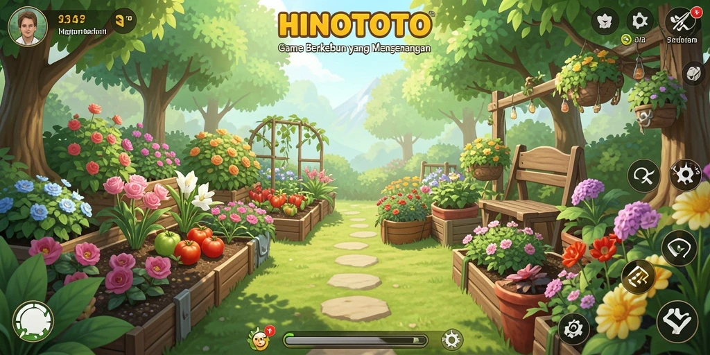 Screenshot gameplay HINOTOTO menampilkan kebun yang penuh warna dan hewan ternak.