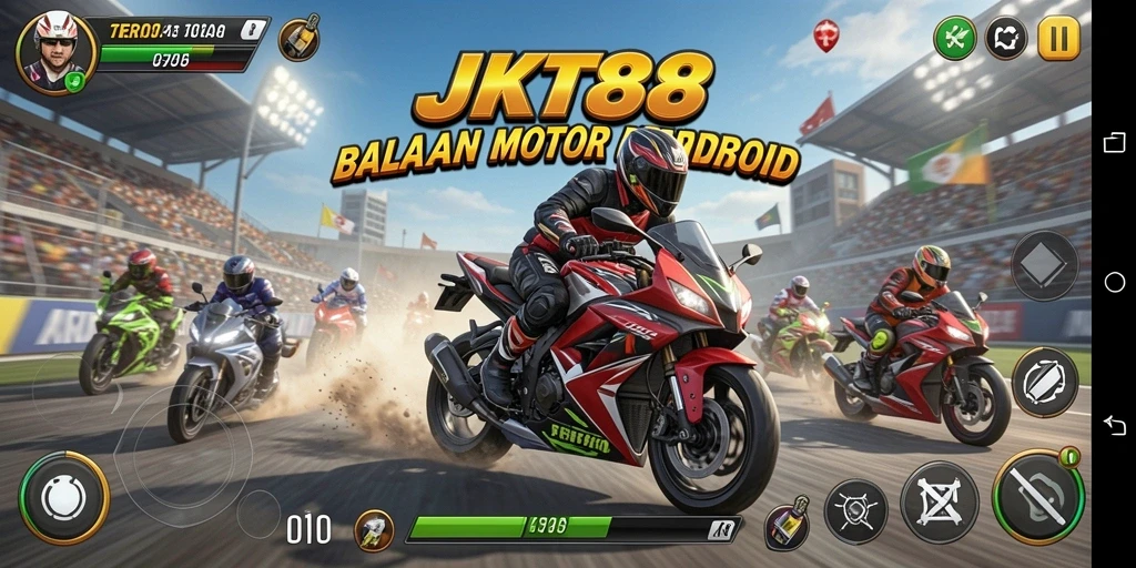 Screenshot gameplay JKT88 menampilkan aksi balap motor yang mendebarkan.