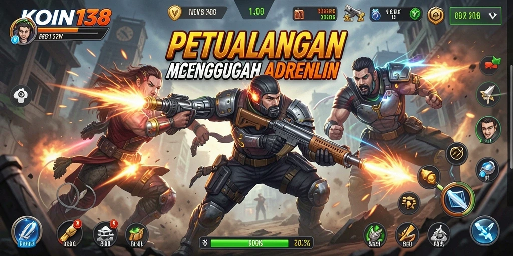 Screenshot utama KOIN138 menunjukkan aksi mendebarkan di gameplay.