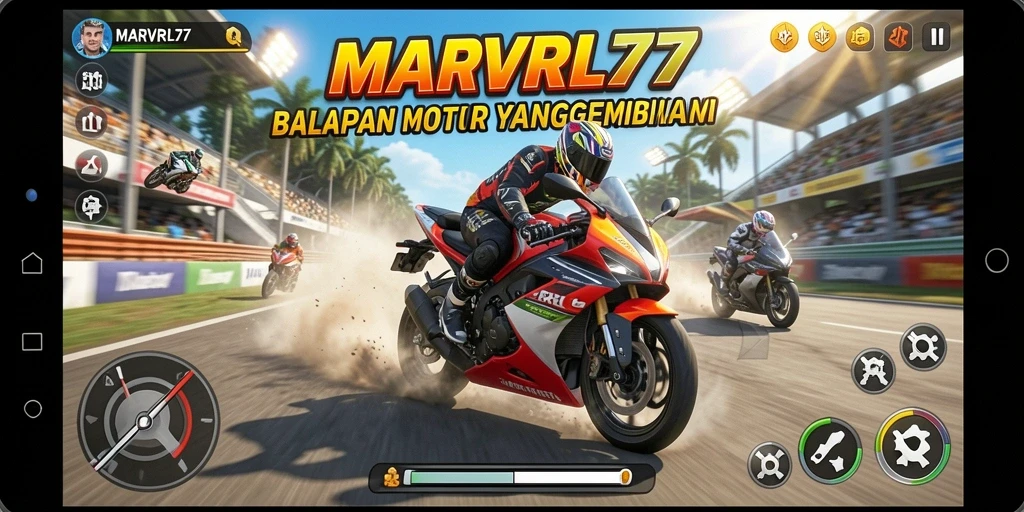 Screenshot gameplay MARVRL77 menampilkan aksi balap motor yang mendebarkan.