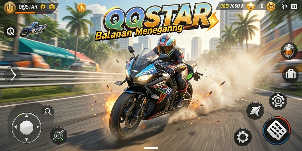 Tampilan gameplay QQSTAR yang menegangkan dengan balapan motor di trek beragam.