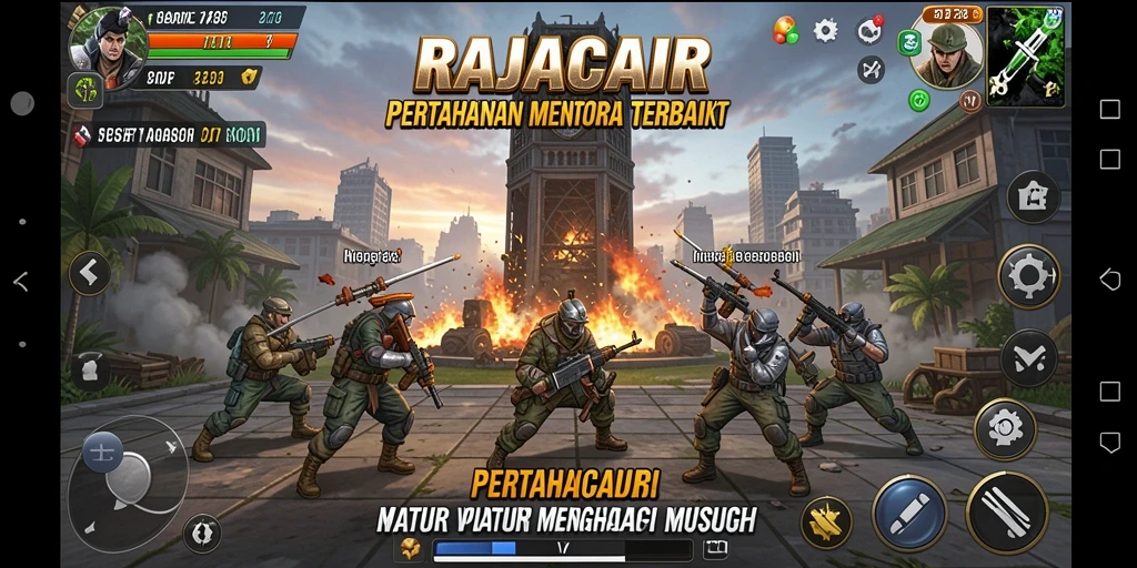 Screenshot permainan RAJACAIR yang menunjukkan menara bertahan dari serangan musuh.