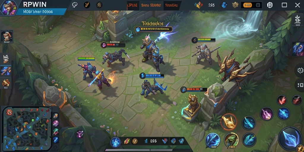 Screenshot gameplay RPWIN menampilkan intensitas pertempuran MOBA yang seru.