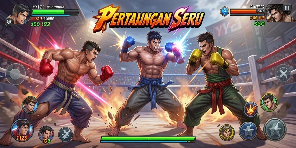 Tampilan pertarungan intens dari game YY123 dengan karakter unik.